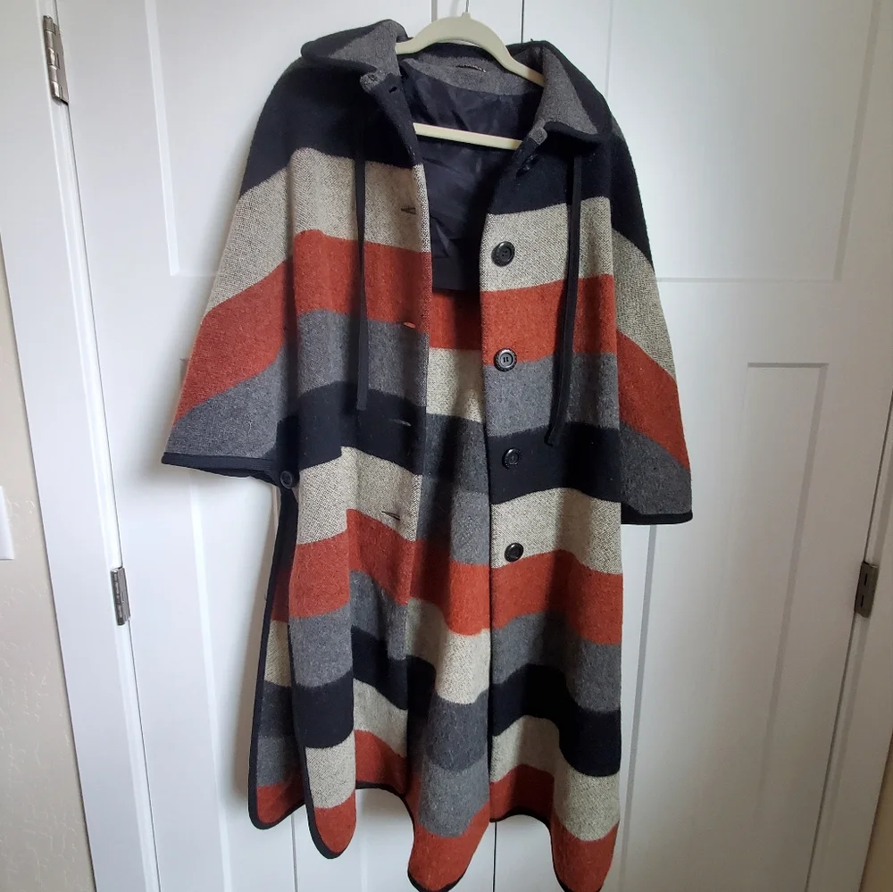 Vintage 1960's Bickler Gray and Rust Wool Blanket Cape Coat Made in England - Picture 13 of 17